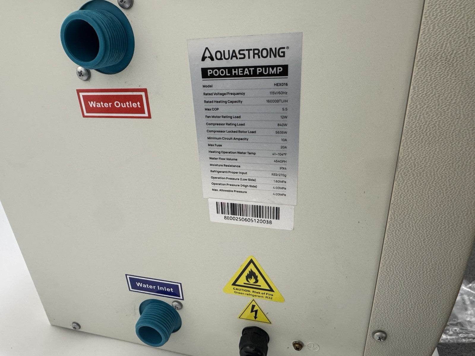 Aquastrong HEX016 16,000 BTU Heat Pump For 5,000 Gallons Pools 120V4